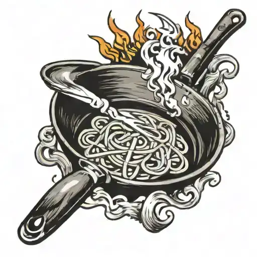 frying pan on fire, pasta in it, crossed knives in the foreground tattoo design idea