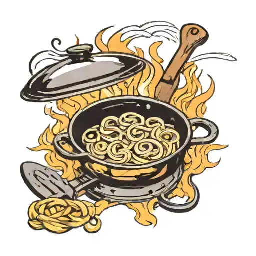 frying pan with pasta on fire, crossed knives in the foreground tattoo design idea
