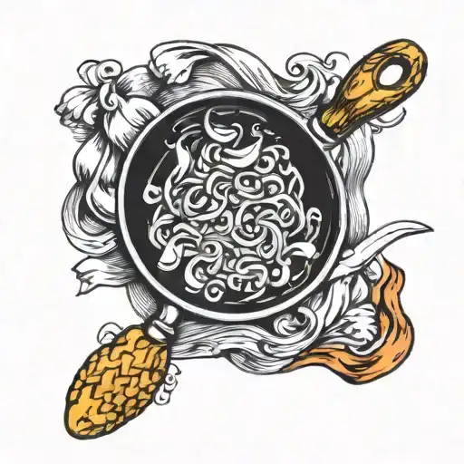 frying pan on fire, pasta in it, crossed knives in the foreground, more detail tattoo design idea