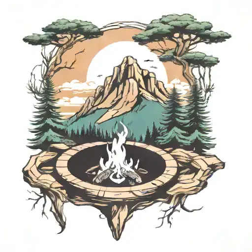 pine forest scene with mountains fire pit and music  tattoo design idea