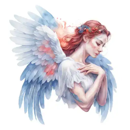 an angel with one wing of hot red fire and one wing of cold blue fire tattoo design idea