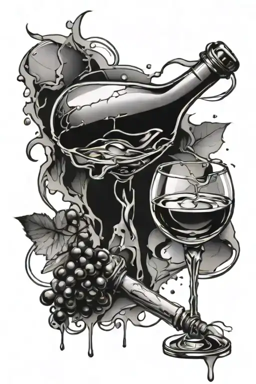 broken wine glass and bottle surrounded tattoo design idea