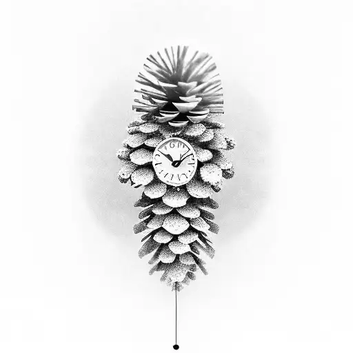 a vivid timepiece between, a realistic and naturally detailed pinepple, and pinecone, to symbolize time in HI, and ID tattoo design idea