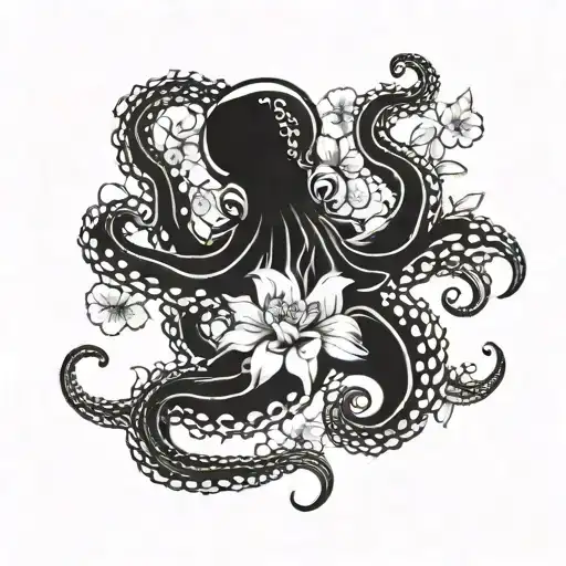 traditional japanese black  octopus and narcisuss flower blooming tattoo design idea