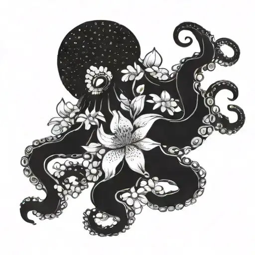 black octopus surrouded by flowers tattoo design idea