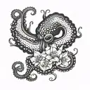 black octopus and narcisuss flower blooming flower surrounded tattoo design idea