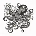 black octopus and narcisuss flower blooming flower surrounded tattoo design idea