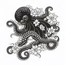 traditional japanese black  octopus and narcisuss flower blooming tattoo design idea