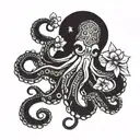 traditional japanese octopus holding a trident and narcisuss flower tattoo design idea