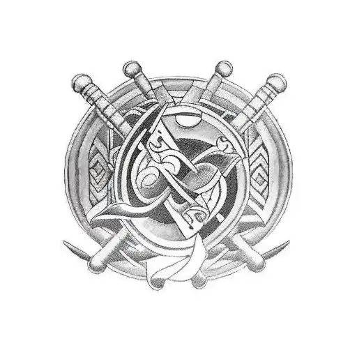 A traditional tattoo of a strong fighter lifting weights, with symbols representing family and gaming intertwined tattoo design idea