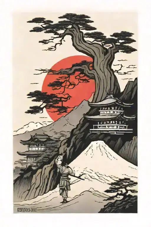 Japanese ronin in foreground, Japanese temple in the middle ground,Mt.fuji with the red sun in the background tattoo design idea