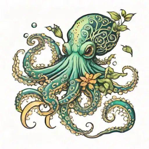 A whimsical octopus playing with a school of fish in a lush underwater garden tattoo design idea