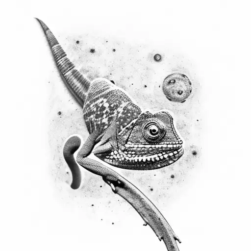Black and grey chameleon exploring the cosmos tattoo design idea