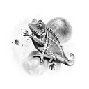 Black and grey chameleon exploring the cosmos tattoo design idea