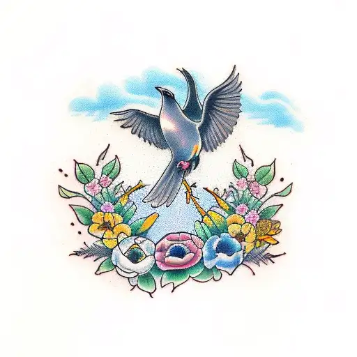 heaven with flowers and birds and a person tattoo design idea