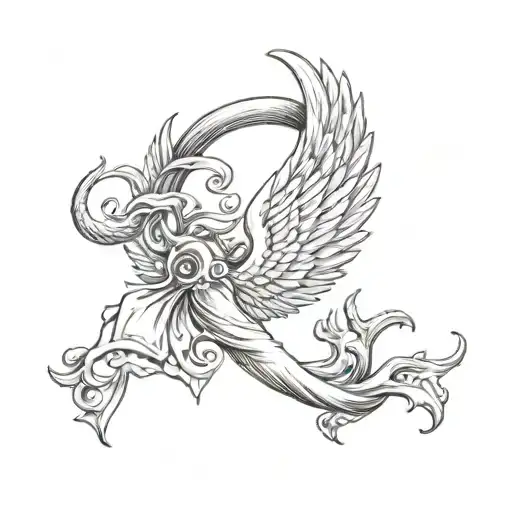 fishhook, angel wings, J, antlers tattoo design idea