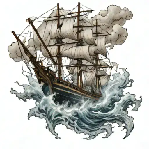 Create a realistic scene of a seafarer navigating through rough waters with a trading ship in the background tattoo design idea