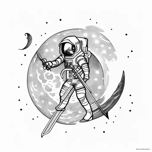 astronaut wielding two swords on the moon tattoo design idea