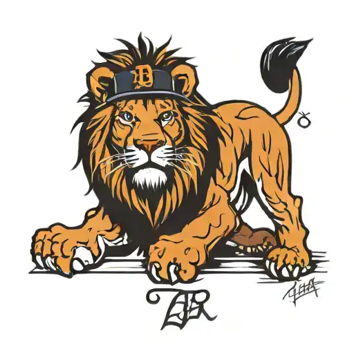 lion wearing a Detroit tigers hat   tattoo design idea