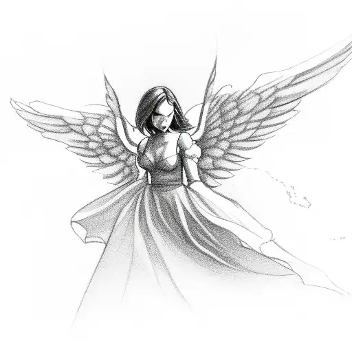 person on stairs, angel flying above tattoo design idea