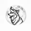 A wolf howling at the moon, with a skull-shaped moon in the background tattoo design idea