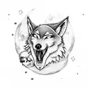 A wolf howling at the moon, with a skull-shaped moon in the background tattoo design idea