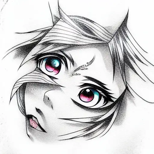 anime-style eyes, part of the face, kare hairstyle, characters, comic book effec tattoo design idea