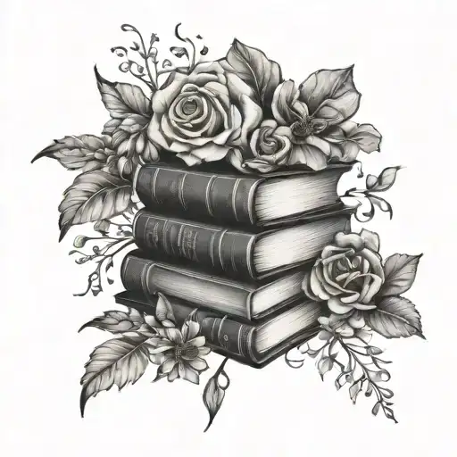 dark romance books surrounded by florals tattoo design idea