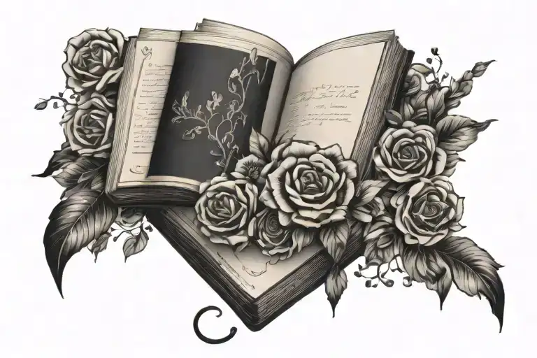 dark romance books surrounded by florals tattoo design idea