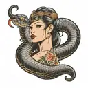 japanese cobra wrapped around a photo reaistic nude pinup model tattoo design idea