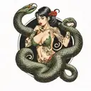 japanese cobra wrapped around a photo reaistic nude pinup model tattoo design idea