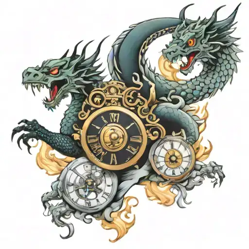 neo-traditional japanese tattoo design, dragon and phoenix chimera, holding ancient clocks in it's clase, moving aggress tattoo design idea