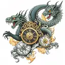 neo-traditional japanese tattoo design, dragon and phoenix chimera, holding ancient clocks in it's clase, moving aggress tattoo design idea
