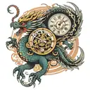 neo-traditional japanese tattoo design, dragon and phoenix chimera, holding ancient clocks in it's clase, moving aggress tattoo design idea