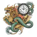 neo-traditional japanese tattoo design, dragon and phoenix chimera, holding ancient clocks in it's clase, moving aggress tattoo design idea