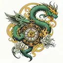 neo-traditional japanese tattoo design, dragon and phoenix chimera, holding ancient clocks in it's clase, moving aggress tattoo design idea