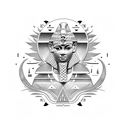 A black-grey tattoo of a mysterious Egyptian hieroglyphic symbol surrounded by intricate nature patterns tattoo design idea