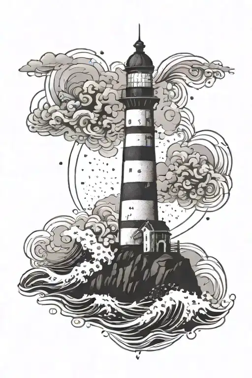 A lighthouse surrounded by salt water waves, embodying the client's affinity for the beach and ocean tattoo design idea