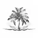 tribal palm tree with beach, waves, and 215 on the trunk tattoo design idea