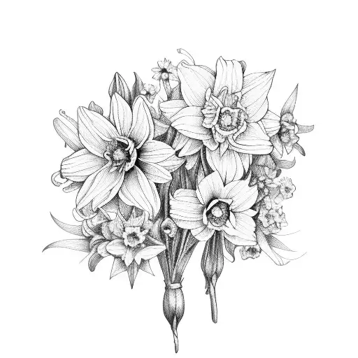 larkspur, daffodil, marigolds, and violet flower bouquet  tattoo design idea