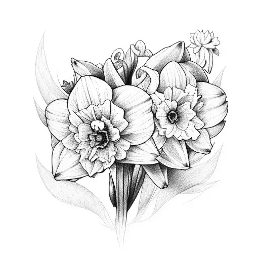 larkspur, daffodil, marigolds, and violet flower bouquet  tattoo design idea