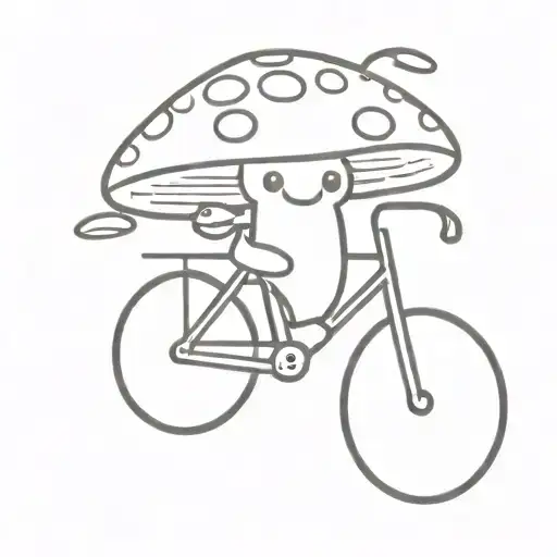 An anthromorphized mushroom with arms and legs and a smile on his face. He's riding a bicycle. Bike is minimalistic tattoo design idea