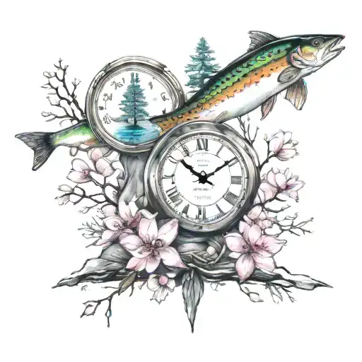hourglass, clock, mountains, pair of skis, a rainbow trout, pine trees, oyster shell, ocean, and cherry blossoms tattoo design idea