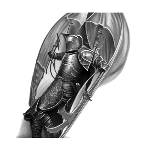 a knight with an angel on his shoulder anda a dragon tattoo design idea