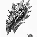 a knight with an angel on his shoulder anda a dragon tattoo design idea