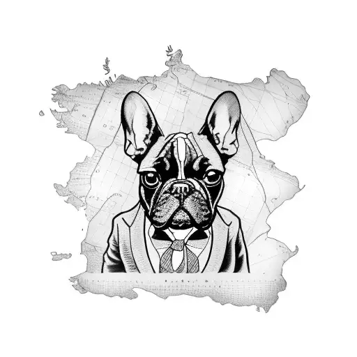 A vintage map of Utah with a French bulldog standing proudly on top tattoo design idea