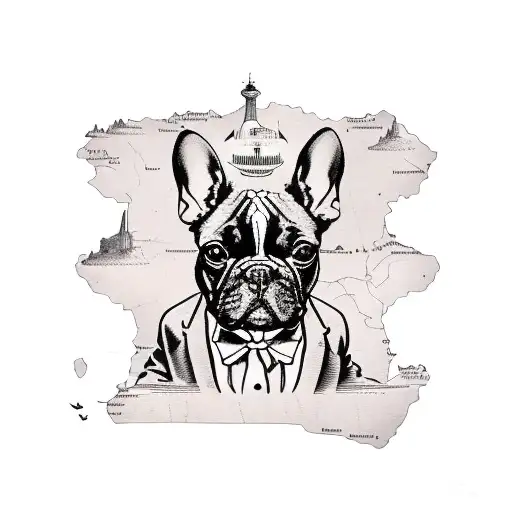 A vintage map of Utah with a French bulldog standing proudly on top tattoo design idea