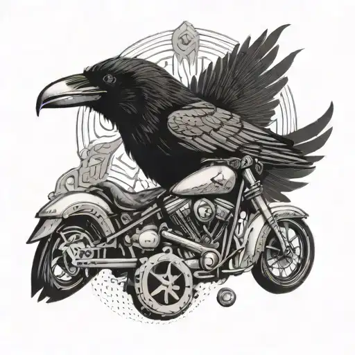 A raven with a skull in its beak, surrounded by Harley Davidson motorcycle parts tattoo design idea