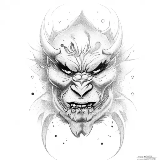 Half oni Half sad man. with ornemental flowers around tattoo design idea
