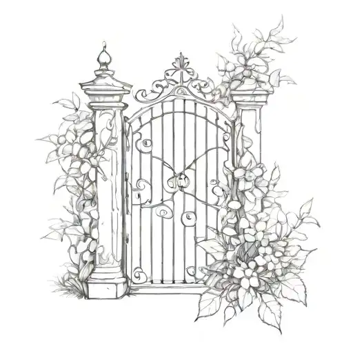 A sketch style tattoo of a garden gate with the names 'Heather' and 'Gejo' intertwined in the vines tattoo design idea